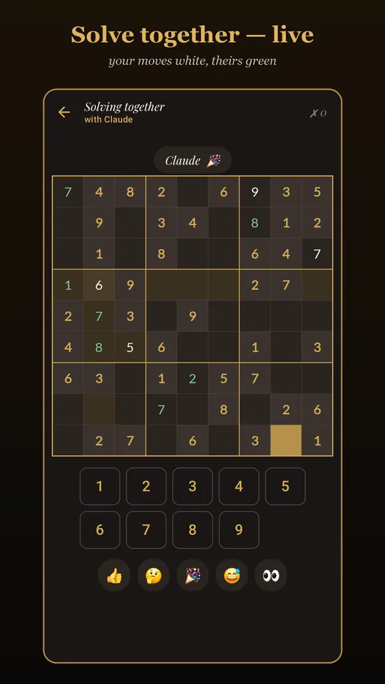A shared sudoku board with some numbers in white and others in green, and a row of emoji reactions underneath.