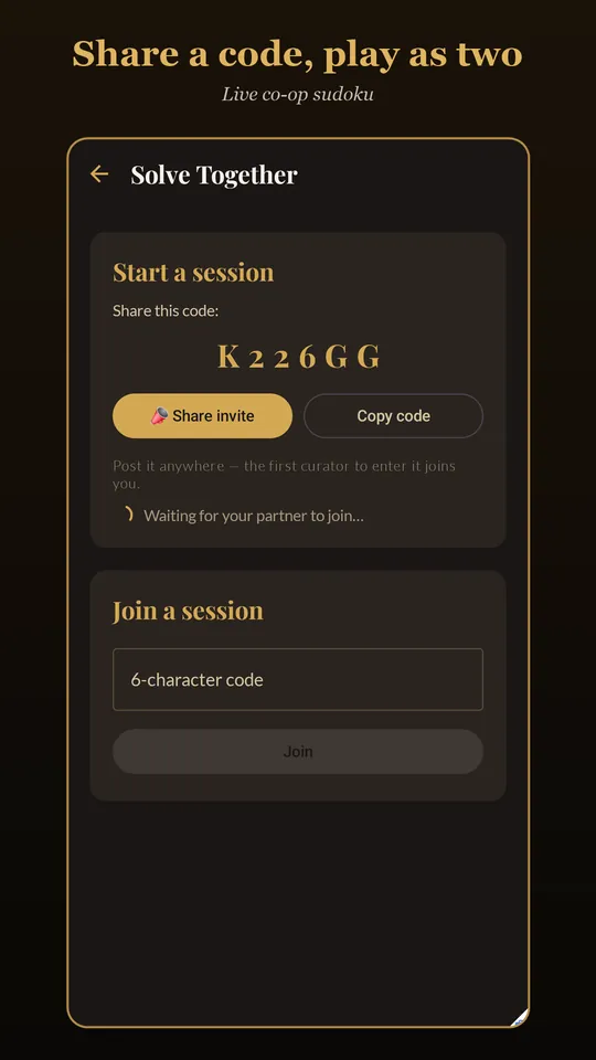 The co-op lobby, showing a short join code to share with the other player.