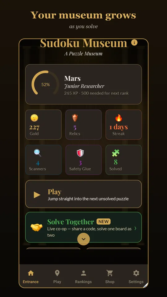 The museum entrance screen with rank, experience, gold, relics, streak and puzzles solved.