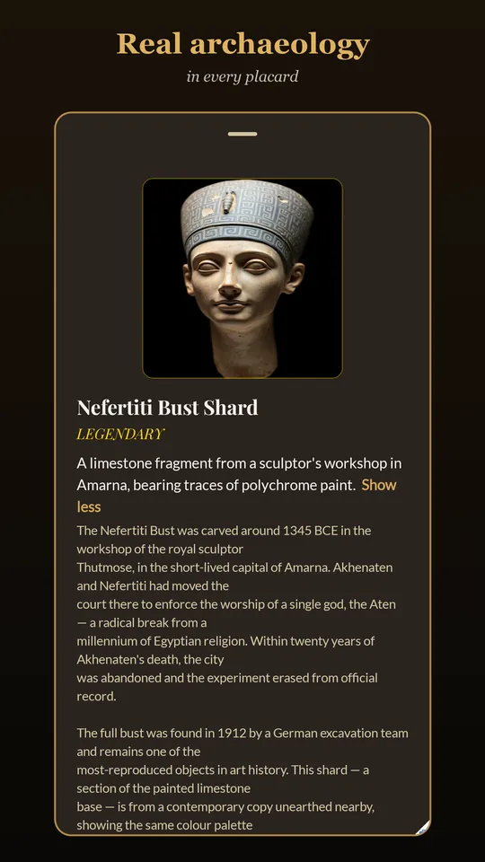 An artifact placard for the Nefertiti Bust Shard, with a photograph and several paragraphs of archaeological background.