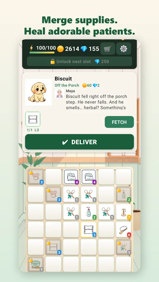 The clinic screen: a patient card for Biscuit the puppy with his owner's description, above a grid of merge supplies.