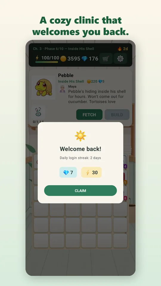 The welcome-back screen showing a daily login streak and the gems and energy it grants.