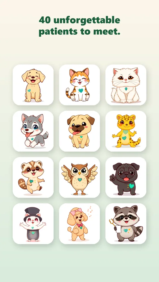 A grid of twelve illustrated animals: dogs, cats, a gecko, an owl, a meerkat, a ferret in a top hat, a singing poodle and a raccoon holding a clipboard.